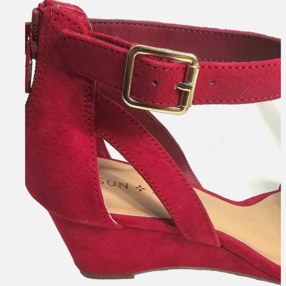 Sun + Stone Josie Red Suede Wedge Sandals Women’s Size 7M Ankle Strap - Picture 2 of 9